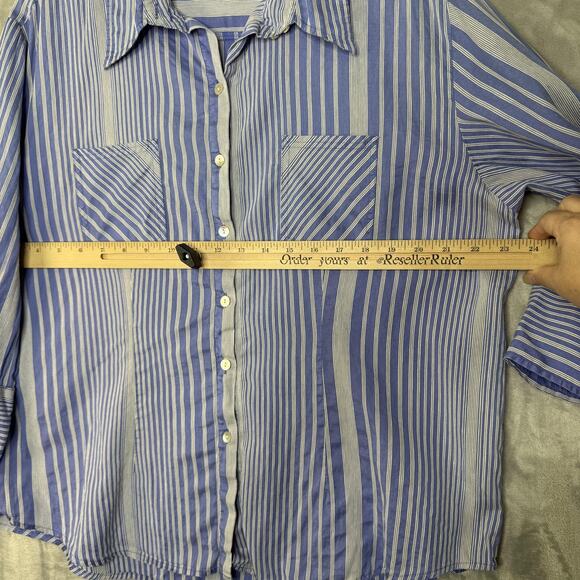 Chico's Shirt Womens 3 XL Blue White Striped Button Front Silk Blend 3/4 Sleeve - Picture 8 of 10